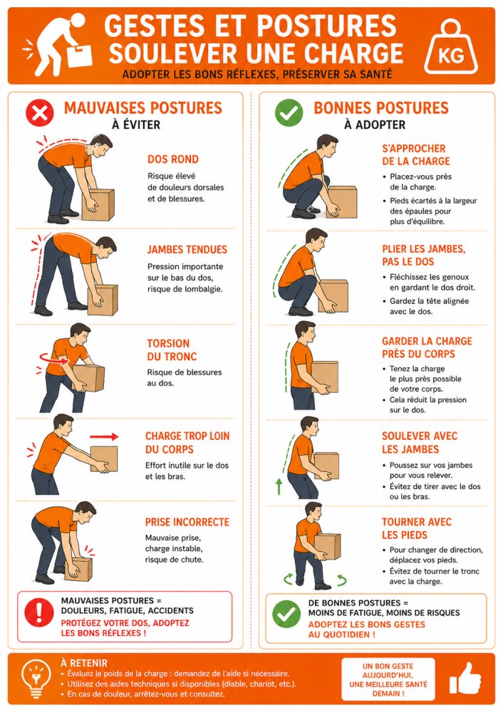 Affiche Gestes et Postures pour Soulever une Charge - A4 Plastifiée