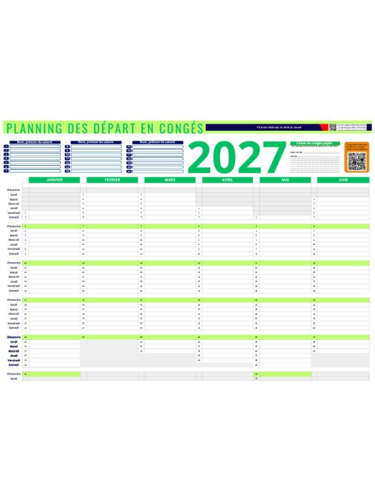 Affichage planning des départs en congés janvier - juin 2027 